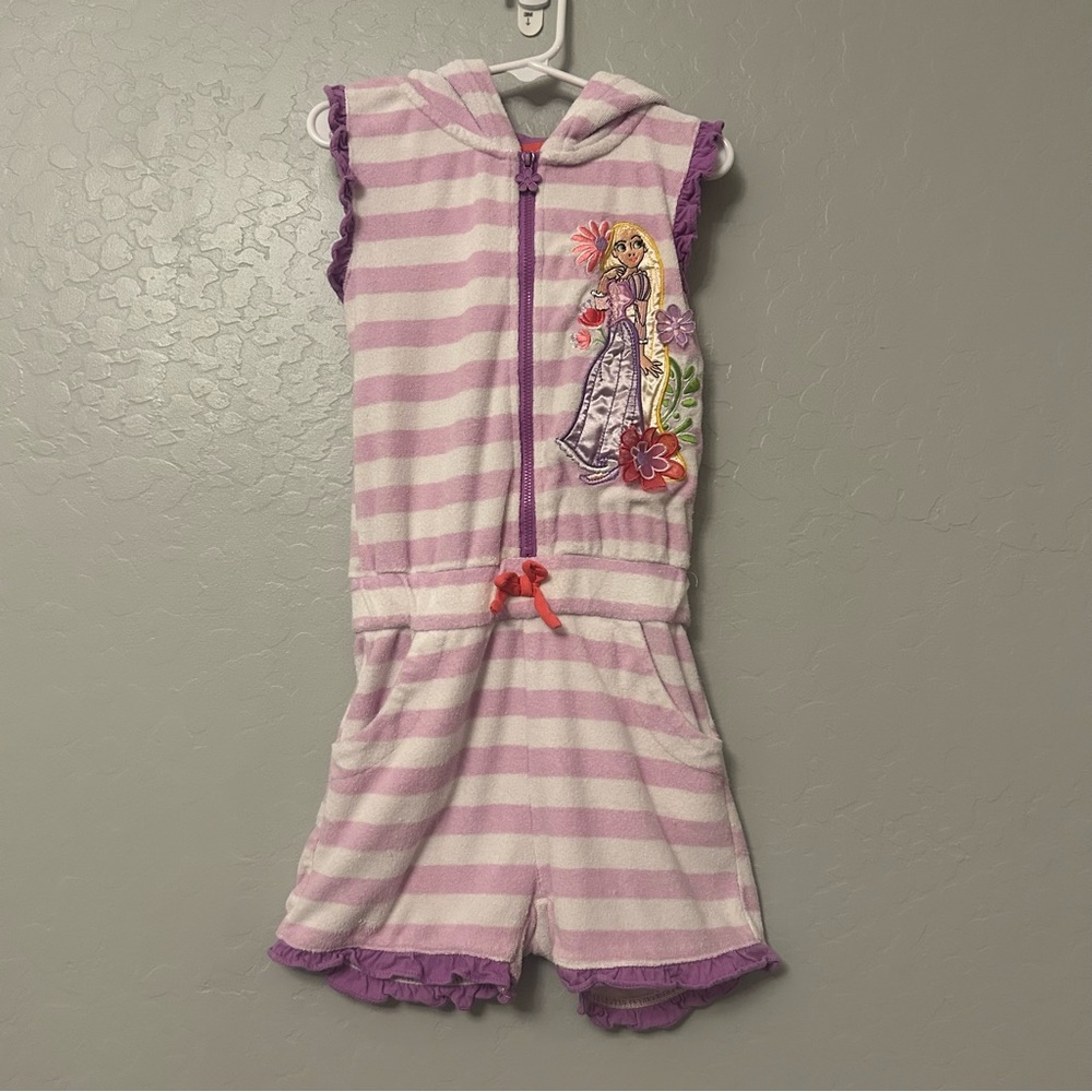 Disney Rapunzel purple and white striped shorts romper terry swim cover up 5/6